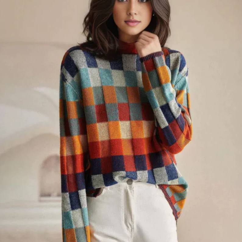 Plaid patchwork knit turtleneck sweater front view