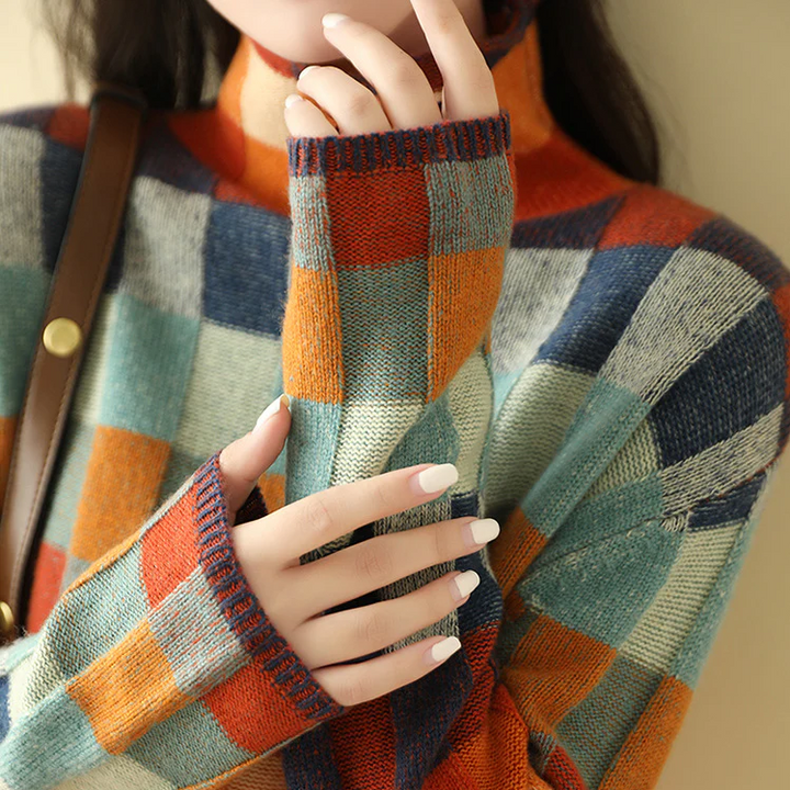 Women's multicolour plaid patchwork knit turtleneck sweater