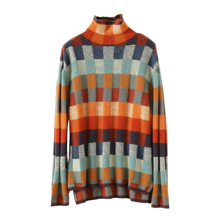 Multicolour plaid wool turtleneck sweater for women