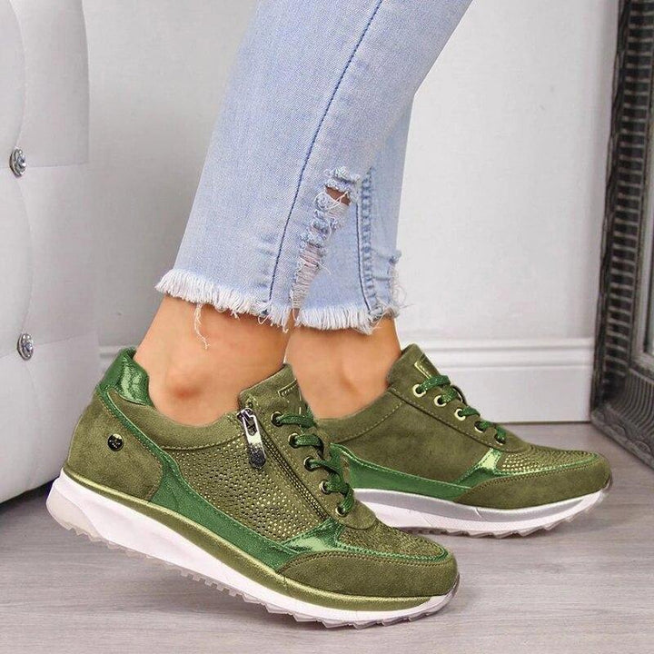 Green zip-up arch support walking sneakers women