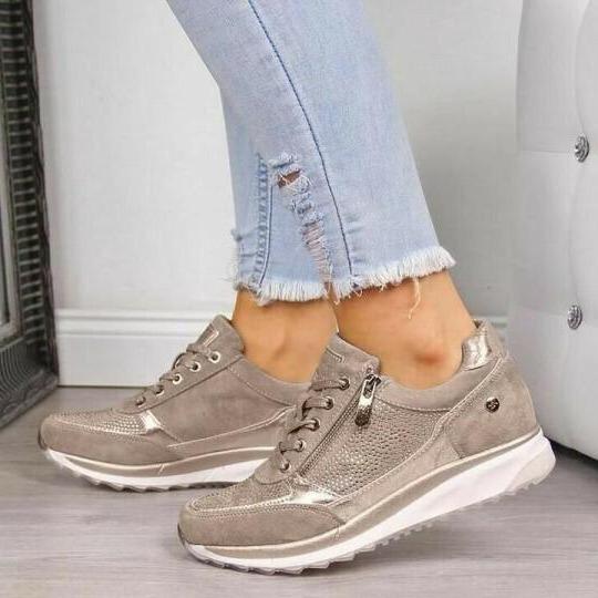 Beige zip-up arch support walking sneakers women