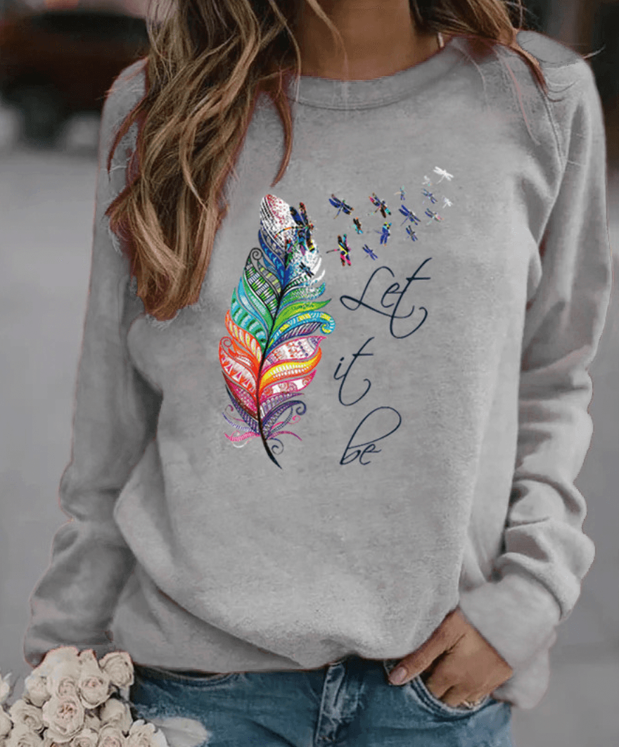 Women's feather trim winter sweatshirt in grey