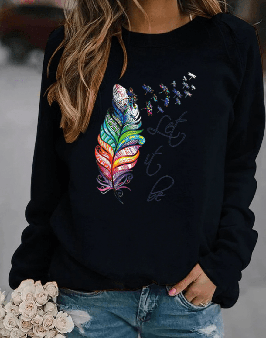 Women's feather trim winter sweatshirt in black