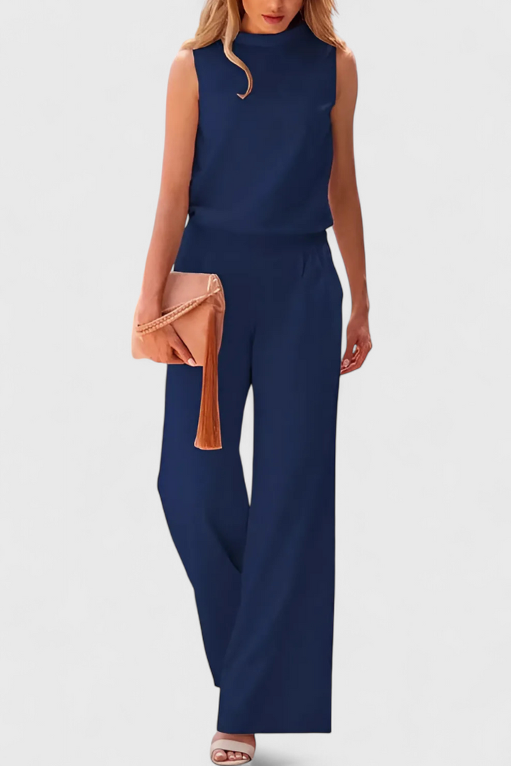 Women's round neck wide leg jumpsuit in navy