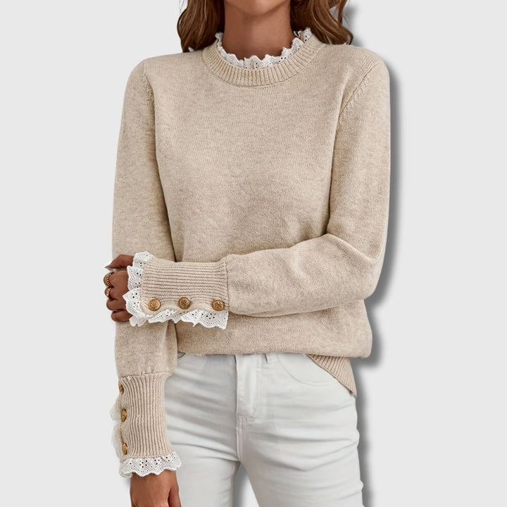 Women's Lace Trim Button Cuff Knit Sweater - Apricot