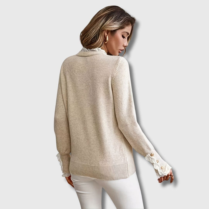 Women's Lace Trim Button Cuff Knit Sweater - Apricot detail