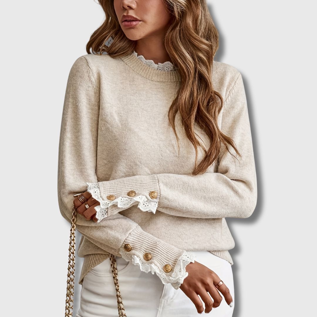 Women's Lace Trim Button Cuff Knit Sweater - Apricot sleeve