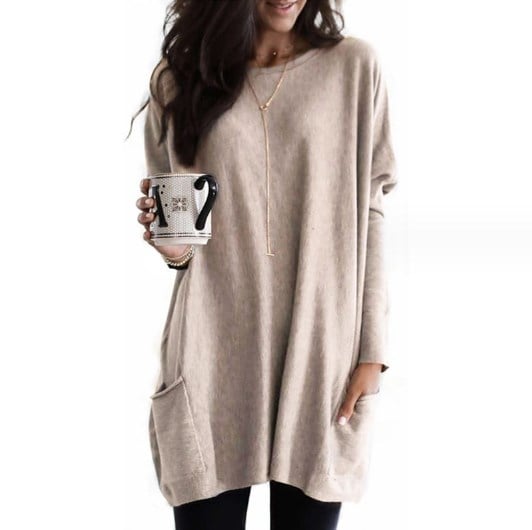 Beige long tunic knit fall sweater for women