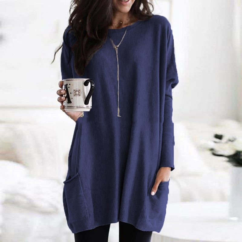 Blue long tunic knit fall sweater for women