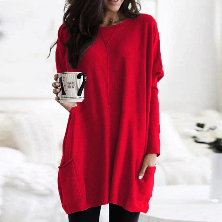 Red long tunic knit fall sweater for women