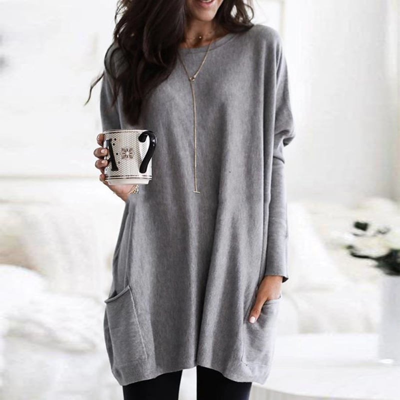 Grey long tunic knit fall sweater for women