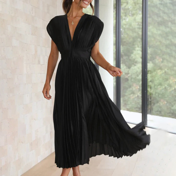Pleated V-neck wedding guest midi dress in black