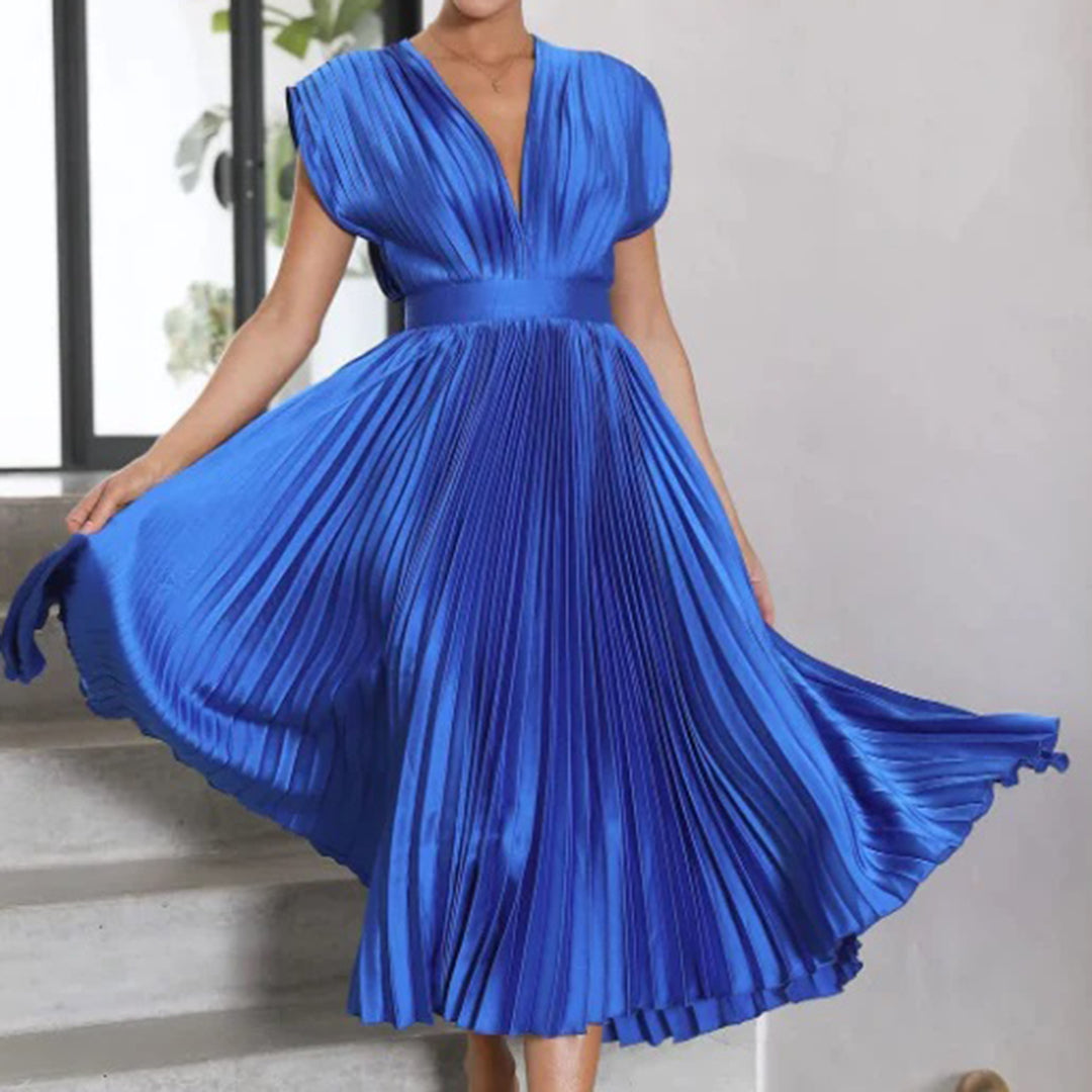 Pleated V-neck wedding guest midi dress in blue