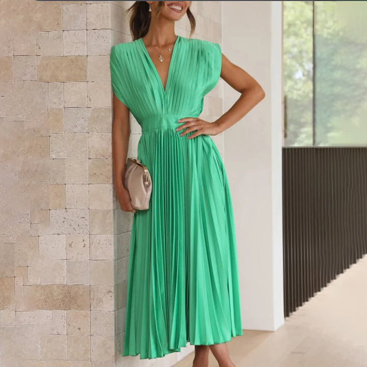 Pleated V-neck wedding guest midi dress in green