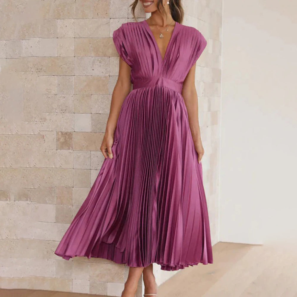 Pleated V-neck wedding guest midi dress in plum