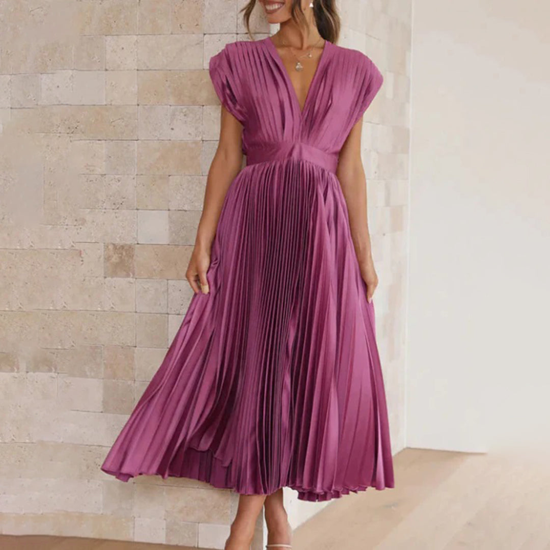 Pleated V-neck wedding guest midi dress in plum