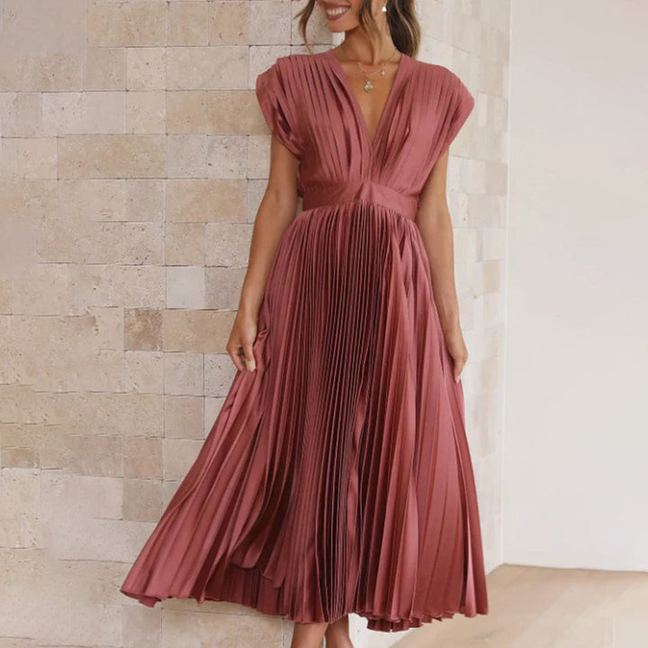 Pleated V-neck wedding guest midi dress in rose gold
