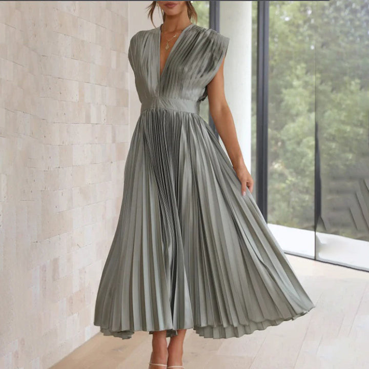 Pleated V-neck wedding guest midi dress in silver
