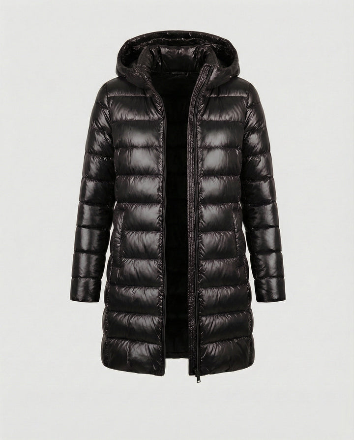 Black hooded down jacket with slim fit