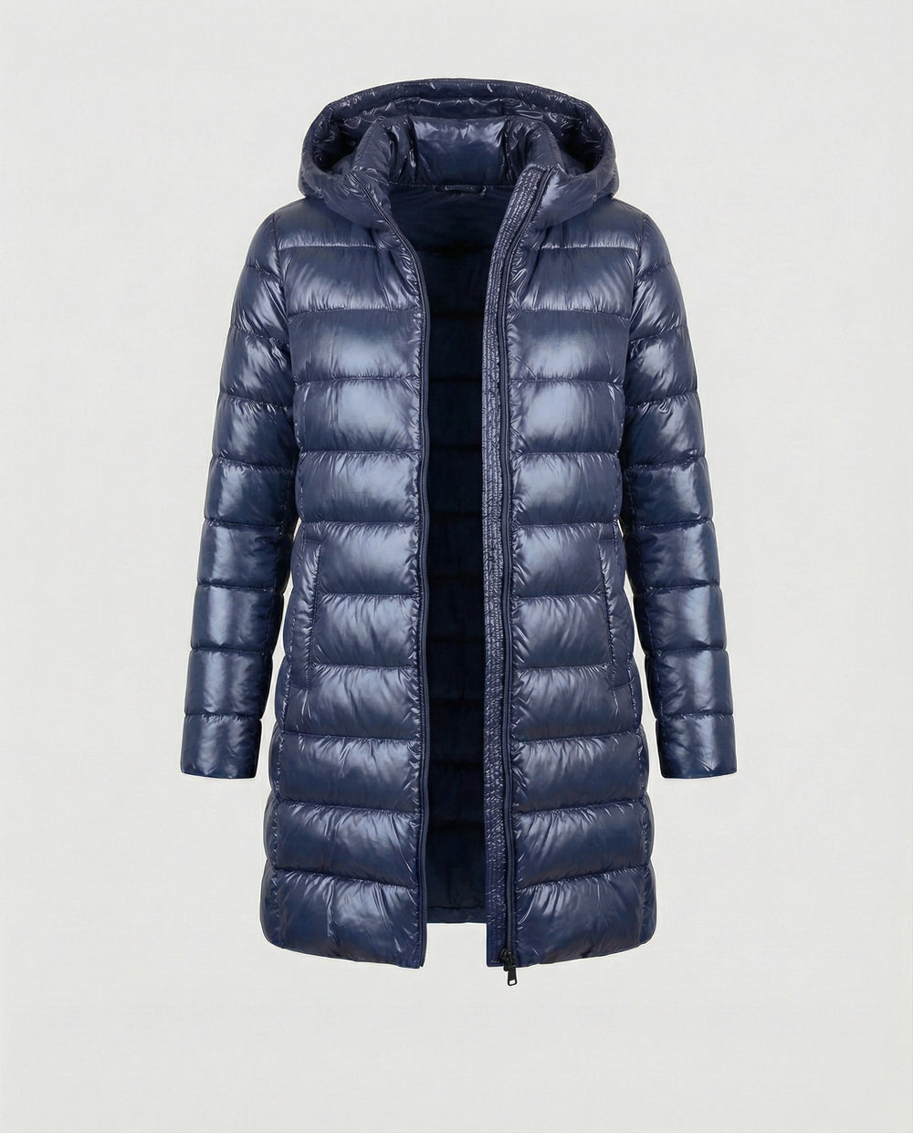 Blue hooded down jacket with slim fit