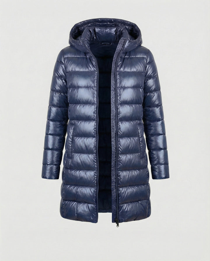 Blue hooded down jacket with slim fit