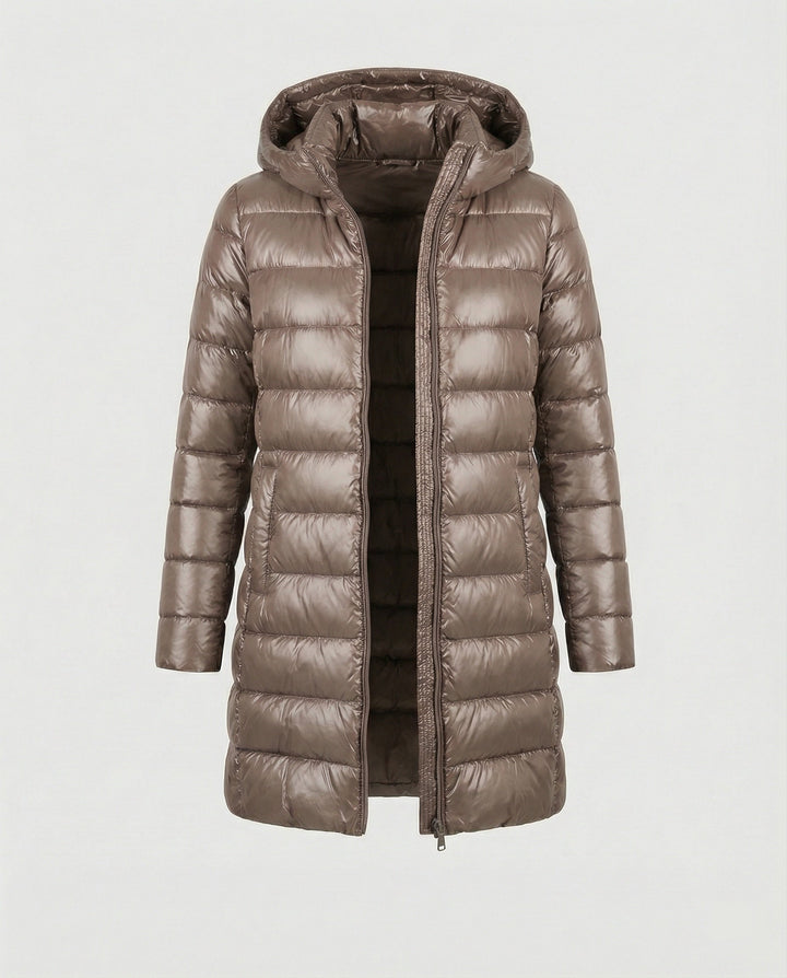 Khaki hooded down jacket with slim fit
