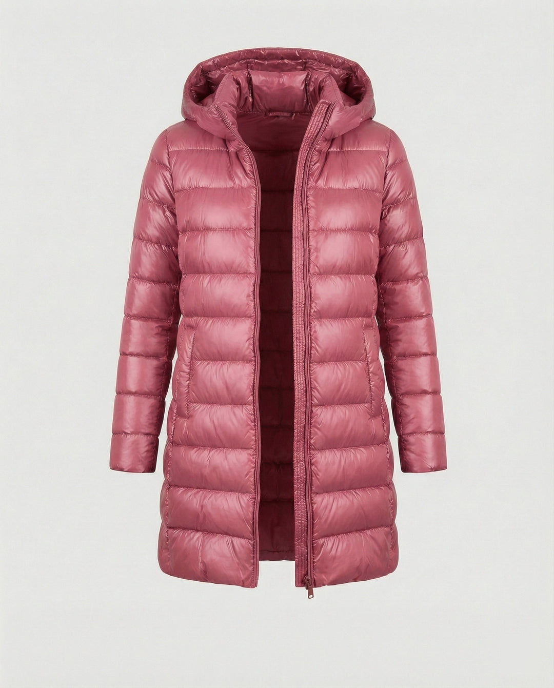 Pink hooded down jacket with slim fit