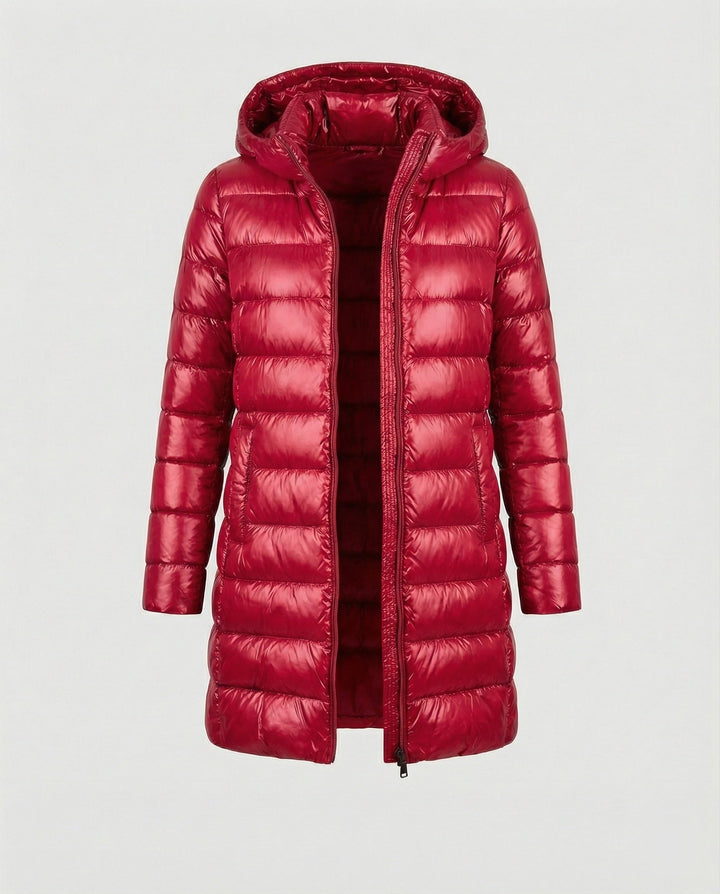 Red hooded down jacket with slim fit