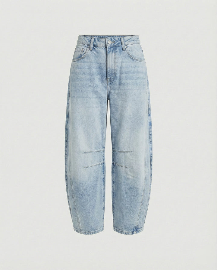 Women's mid rise barrel leg jeans in light blue