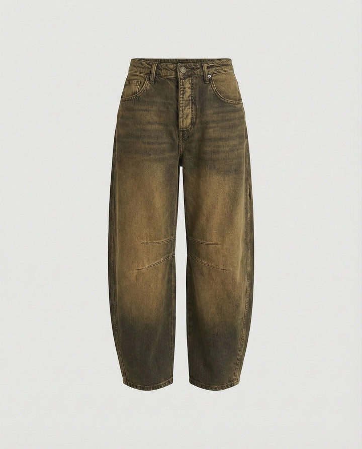 Women's mid rise barrel leg jeans in brown
