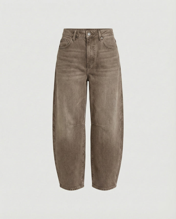 Women's mid rise barrel leg jeans in dark brown