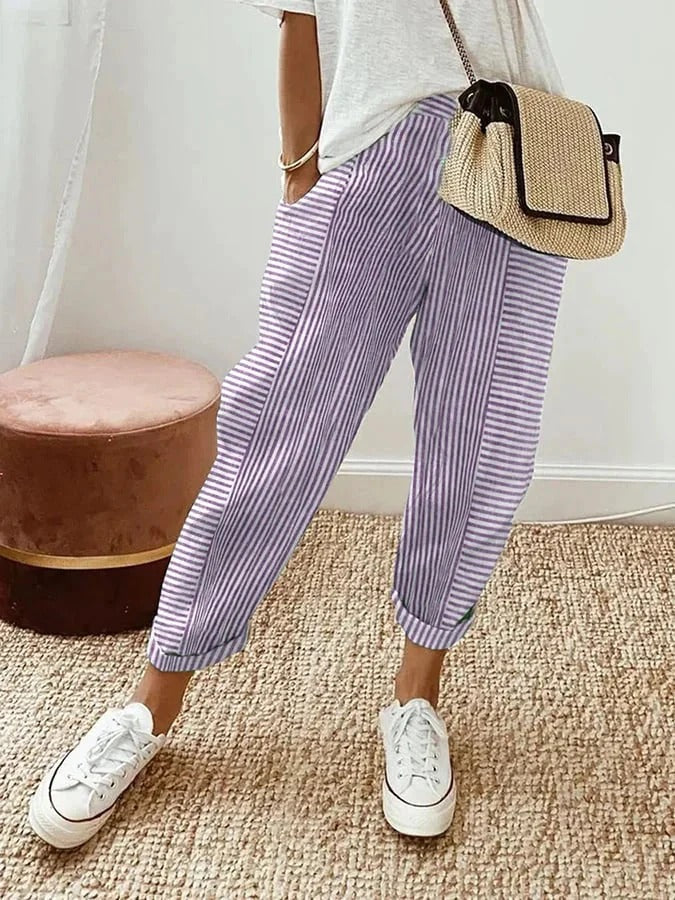 Women's striped straight leg pants in purple