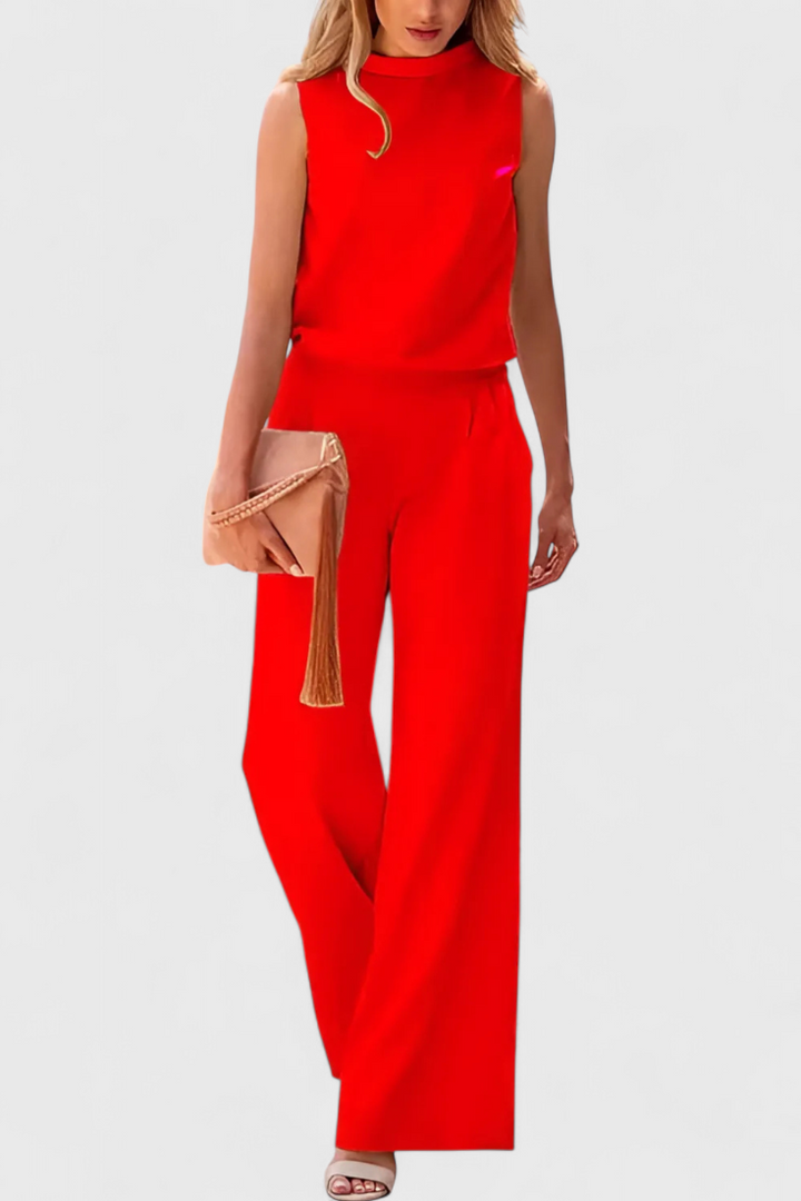 Women's round neck wide leg jumpsuit in red
