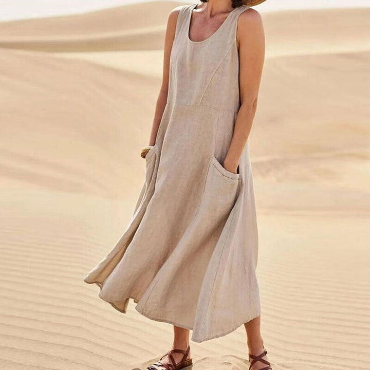 Sleeveless swing midi dress with pockets in khaki