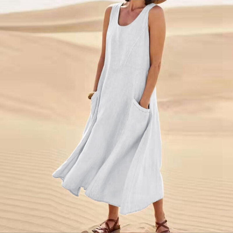 Sleeveless swing midi dress with pockets in white