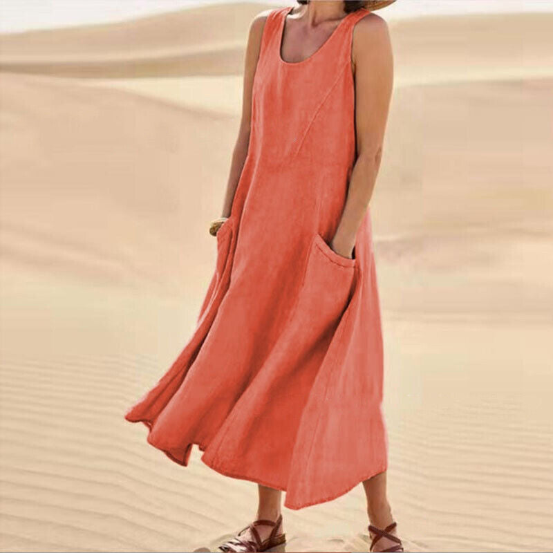 Sleeveless swing midi dress with pockets in orange