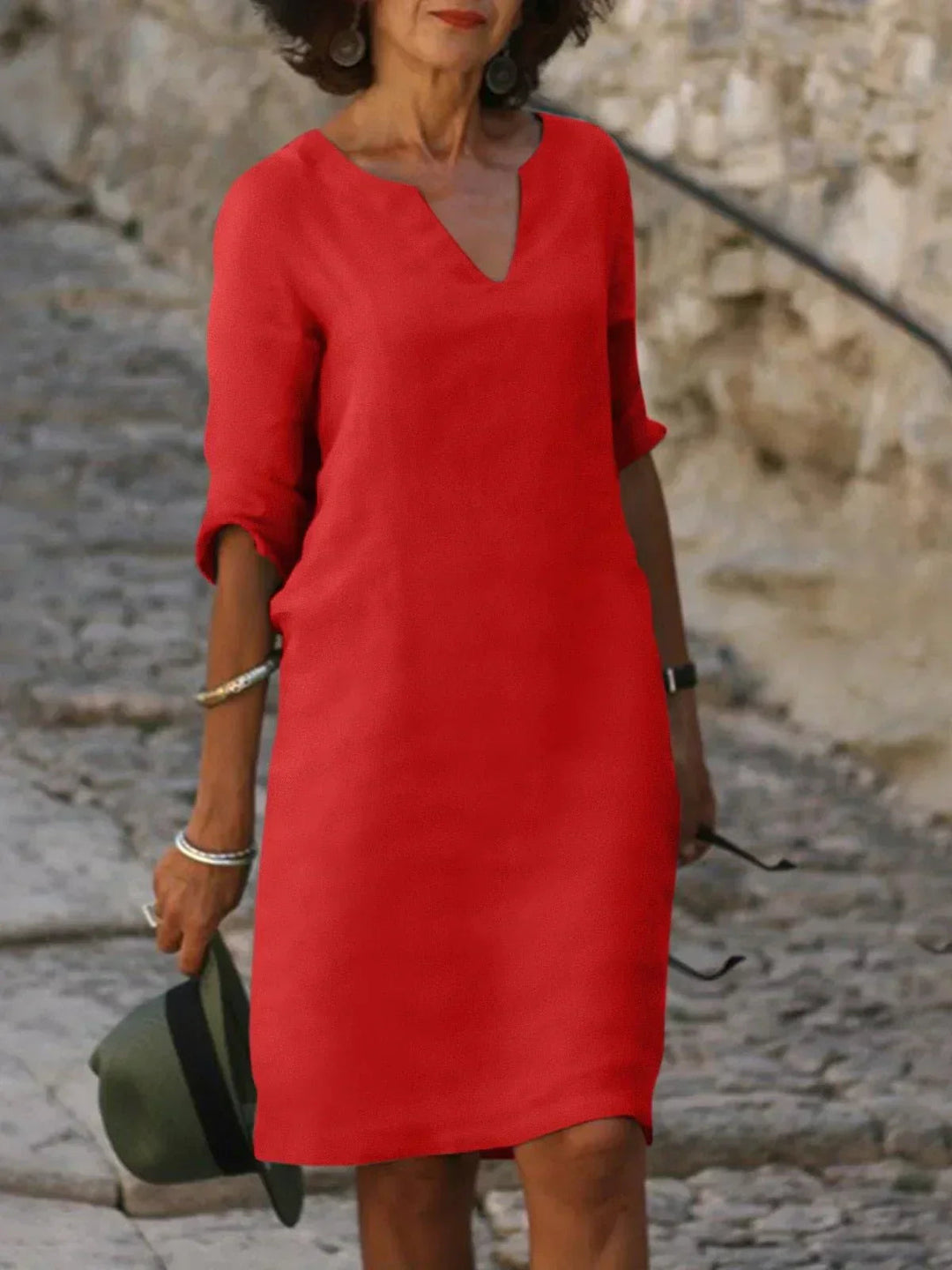 Elegant V-Neck Pleated Dress - Red