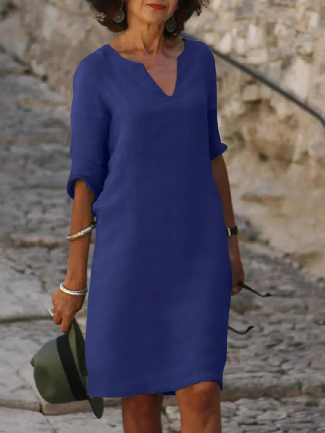 Elegant V-Neck Pleated Dress - Navy Blue