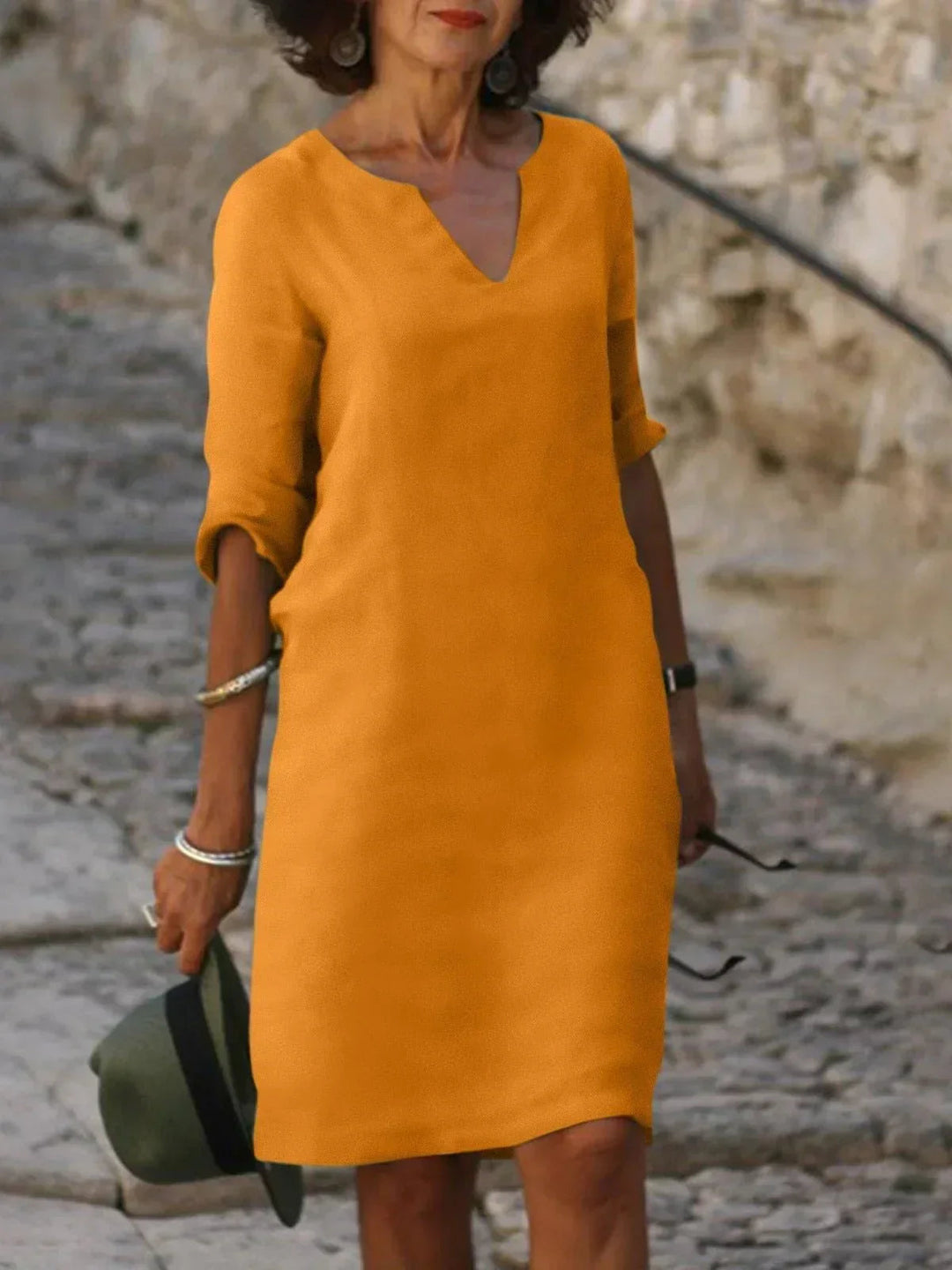 Elegant V-Neck Pleated Dress - Orange
