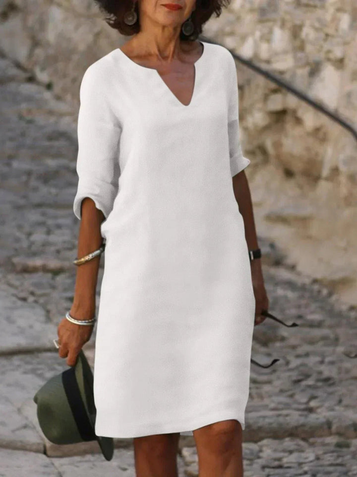 Elegant V-Neck Pleated Dress - White