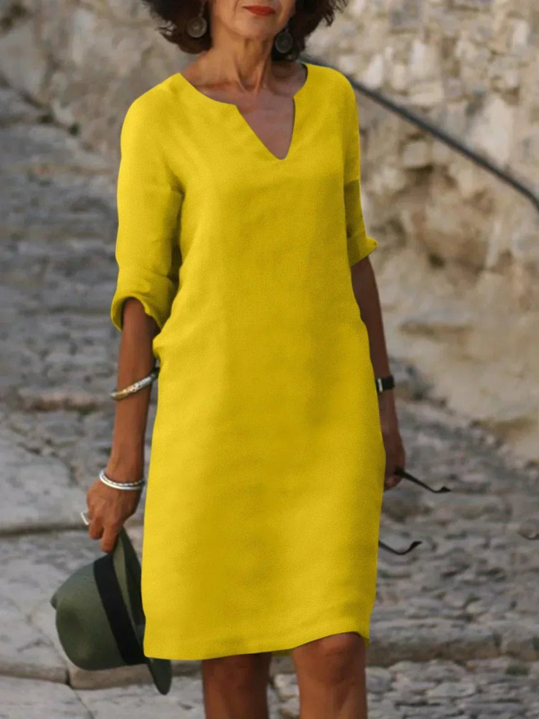 Elegant V-Neck Pleated Dress - Yellow