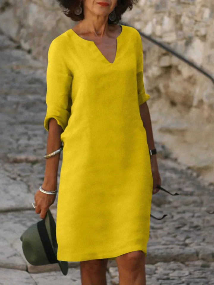 Elegant V-Neck Pleated Dress - Yellow