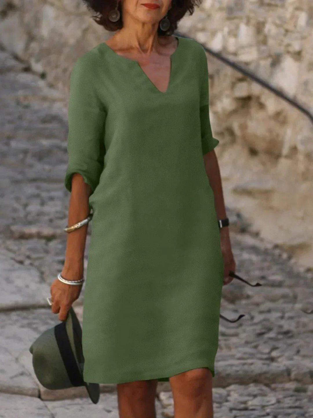 Elegant V-Neck Pleated Dress - Olive Green