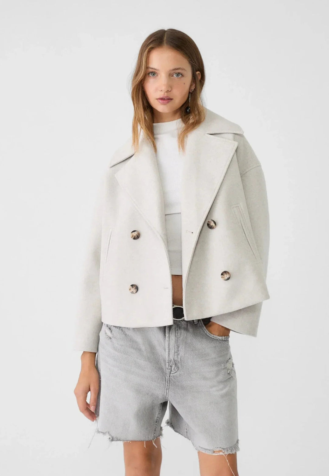 Women's short double-breasted fall jacket in white
