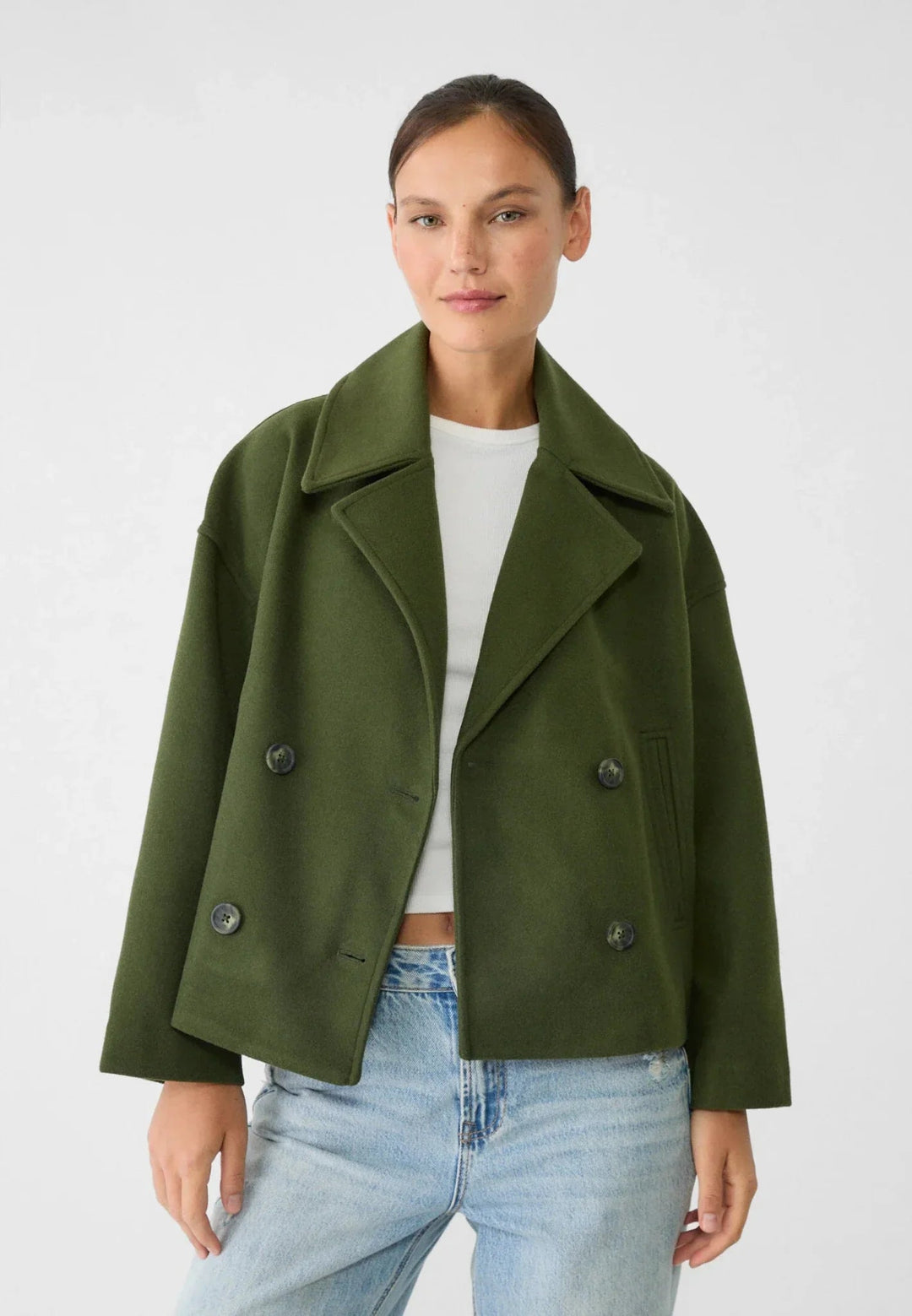 Women's short double-breasted fall jacket in green