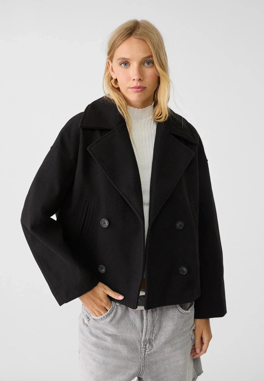 Women's short double-breasted fall jacket in black