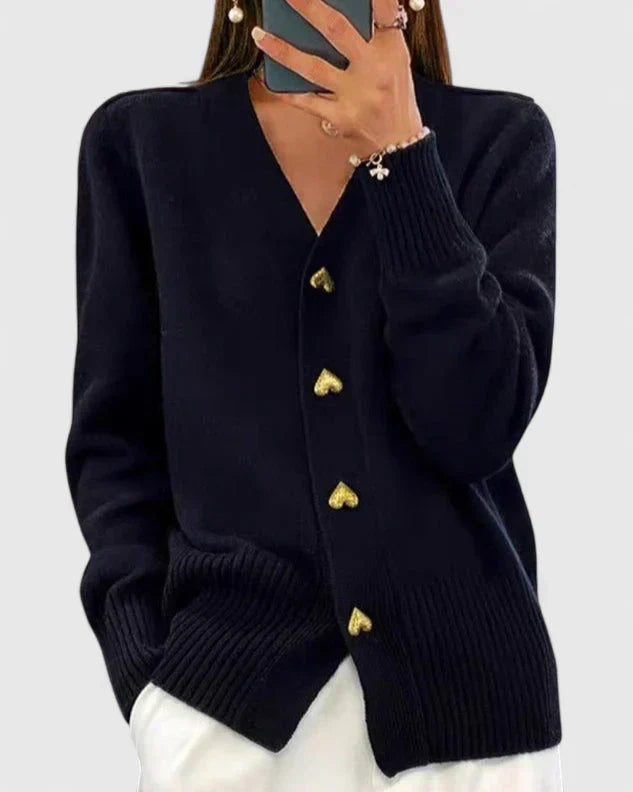 Women's heart button V-neck knit cardigan in black