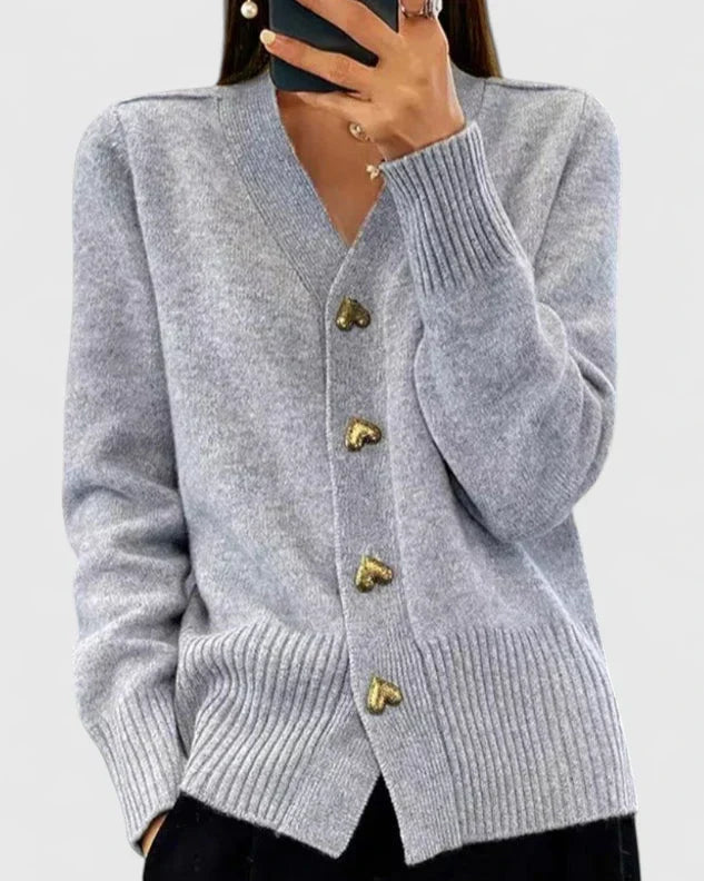 Women's heart button V-neck knit cardigan in grey