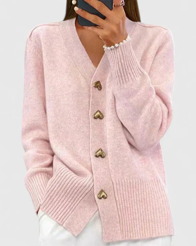 Women's heart button V-neck knit cardigan in pink