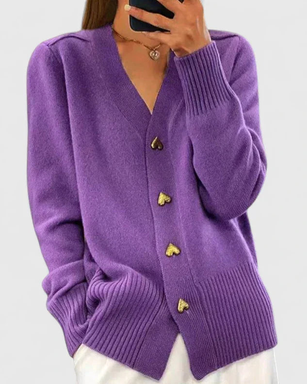 Women's heart button V-neck knit cardigan in violet